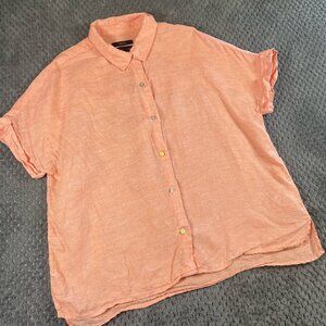 Tahari Button Up Shirt Womens Medium Salmon 100% Linen Short Sleeve Lightweight